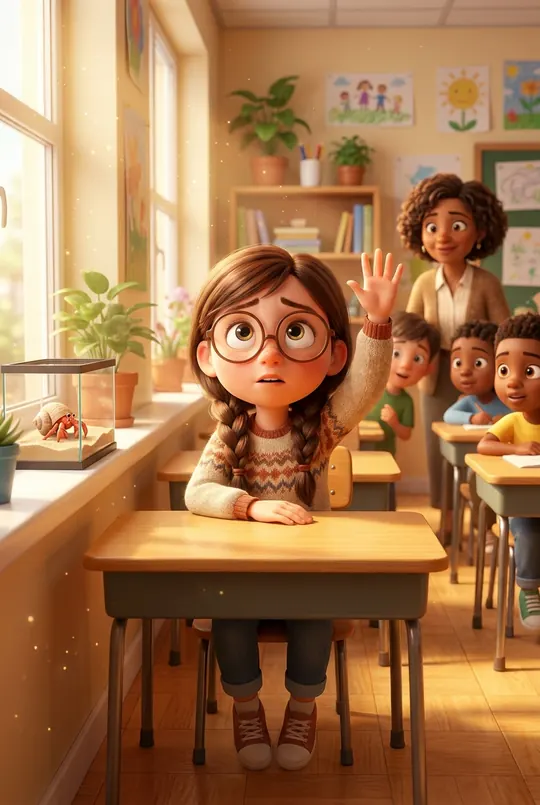 Illustration from the book: a girl raises her hand in class